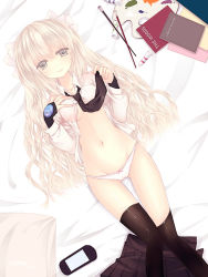 Rule 34 | 00s, 1girl, battle mage (dungeon and fighter), bed sheet, black necktie, black skirt, black thighhighs, breasts, dungeon and fighter, from above, groin, hair ornament, highres, indoors, loading (verjuice), long hair, looking at viewer, lying, mage (dungeon and fighter), navel, necktie, on back, open clothes, open shirt, panties, pleated skirt, shirt, silver hair, skirt, unworn skirt, small breasts, smile, solo, thighhighs, underboob, underwear, white panties, white shirt, yellow eyes