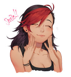 Rule 34 | 1girl, ^ ^, arucelli, black hair, breasts, cleavage, closed eyes, commentary, dyed bangs, english commentary, fingersmile, forced smile, highres, lips, long hair, medium breasts, multicolored hair, nose, original, red hair, solo, swept bangs, tank top, two-tone hair