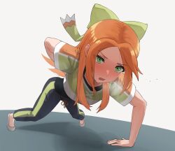 Rule 34 | 1girl, blush, etie (fire emblem), exercising, fire emblem, fire emblem engage, green eyes, hair ribbon, hand on ground, highres, long hair, nintendo, open mouth, orange hair, pants, pearlbbbb, push-ups, ribbon, shirt, shoes, simple background, solo, sweatpants, white background