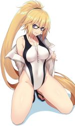 Rule 34 | 1girl, bare shoulders, black-framed eyewear, blonde hair, blue eyes, collarbone, competition swimsuit, covered navel, fate (series), flip-flops, glasses, highres, jacket, jeanne d&#039;arc (fate), jeanne d&#039;arc (ruler) (fate), jeanne d&#039;arc (swimsuit archer) (fate), jeanne d&#039;arc (swimsuit archer) (second ascension) (fate), kneeling, long hair, looking to the side, one-piece swimsuit, ponytail, sandals, shadow, solo, spread legs, sukebewe, swimsuit, very long hair, whistle, whistle around neck, white background