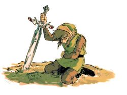 Rule 34 | 1boy, artist name, brown hair, closed eyes, dated, elf, full body, grass, green tunic, hat, highres, holding, holding sword, holding weapon, injury, kneeling, link, nintendo, pointy ears, sidelocks, signature, sword, the legend of zelda, weapon, zelda ii: the adventure of link