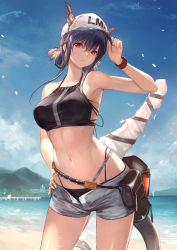 Rule 34 | 1girl, :|, arknights, arm up, armpits, bare shoulders, beach, bird, blue hair, blue sky, ch&#039;en (arknights), ch'en (arknights), closed mouth, cloud, commentary request, crop top, day, dragon horns, dragon tail, female tourist c (arknights), halterneck, hand on headwear, hand on own hip, hat, highres, holding, holding clothes, holding hat, horns, horns through headwear, long hair, midriff, mountainous horizon, navel, ocean, official alternate costume, open fly, pier, pouch, red eyes, shirataki jiro, shore, short shorts, shorts, sidelocks, sky, solo, standing, stomach, sword, tail, thighs, water, waves, weapon, wrapped up, wristband