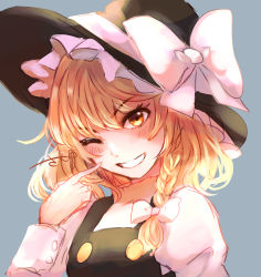 Rule 34 | 1girl, ;d, bad id, bad pixiv id, black hat, black vest, blonde hair, blush, bow, braid, breasts, buttons, finger to mouth, frilled hat, frills, grey background, grin, hair bow, hat, hat bow, highres, juliet sleeves, kirisame marisa, long sleeves, looking at viewer, medium hair, one eye closed, open mouth, puffy sleeves, sango (coral0707), signature, simple background, single braid, small breasts, smile, solo, touhou, upper body, v-shaped eyebrows, vest, white bow, witch hat, yellow eyes