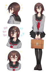 Rule 34 | 1girl, = =, ?, ??, alternate costume, bag, black skirt, black thighhighs, brown hair, cropped torso, from behind, full body, glasses, grey serafuku, grin, hair between eyes, highres, hololive, humanization, loafers, long sleeves, looking at viewer, looking back, medium hair, mikan (chipstar182), neckerchief, no eyewear, pleated skirt, red neckerchief, roboco-san, sailor collar, school bag, school uniform, serafuku, shoes, short hair, simple background, skirt, smile, solo, sparkle, standing, teardrop-framed glasses, thighhighs, triangle mouth, virtual youtuber, white background, yellow eyes
