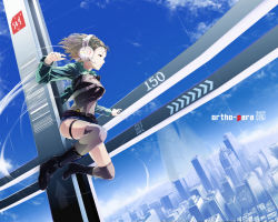 Rule 34 | 1girl, bad id, bad pixiv id, belt, blonde hair, boots, city, cleavage cutout, clothing cutout, cloud, day, denim, denim shorts, from side, full body, grey thighhighs, headphones, highres, jacket, jumping, looking away, nekoita, original, outdoors, short hair, shorts, sky, solo, thigh strap, thighhighs