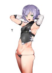 Rule 34 | 1girl, ?, absurdres, armpits, arms behind head, ass, bandaged arm, bandages, belt, breasts, cleavage cutout, clothing cutout, covered erect nipples, cowboy shot, detached sleeves, fate/apocrypha, fate (series), female focus, from side, green eyes, highres, jack the ripper (fate/apocrypha), jikatarou, looking at viewer, navel, open mouth, purple hair, short hair, sideboob, simple background, skindentation, sleeveless, small breasts, solo, teeth, white background