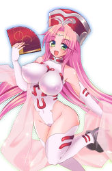 Rule 34 | 1girl, absurdres, bare shoulders, blush, breasts, covered erect nipples, elbow gloves, facial mark, fingerless gloves, forehead mark, gloves, green eyes, hand fan, hat, highleg, highleg leotard, highres, holding, holding fan, houshin engi, impossible clothes, impossible leotard, ji (yugria), large breasts, leotard, long eyelashes, long hair, open mouth, pink hair, shawl, simple background, smile, so dakki, solo, thighhighs, very long hair, white background, white thighhighs