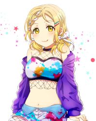 Rule 34 | 1girl, :3, :q, bare shoulders, blonde hair, braid, breasts, closed mouth, crop top, fishnet legwear, fishnets, hair ornament, hair ribbon, hairclip, heru (totoben), highres, jacket, large breasts, long hair, looking at viewer, love live!, love live! school idol festival, love live! sunshine!!, midriff, navel, off shoulder, ohara mari, open clothes, open jacket, paint splatter, purple jacket, ribbon, shirt, short shorts, shorts, sleeveless, sleeveless shirt, solo, star (symbol), stomach, tongue, tongue out, white background, white shirt, white shorts, yellow eyes