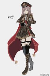 1girl alternate_costume artist_name black_gloves black_thighhighs blunt_bangs boots brown_dress brown_footwear brown_hair cape danganronpa_(series) danganronpa_2:_goodbye_despair dress gloves hamorno_(wamomo) hat highres knee_boots long_sleeves medium_hair nanami_chiaki peaked_cap red_cape simple_background solo standing thighhighs translation_request white_background