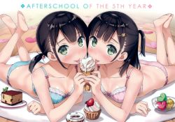 Rule 34 | 2girls, :p, absurdres, akemi (kantoku), ass, bare arms, bare shoulders, barefoot, black hair, blue bra, blue panties, blunt bangs, blush, bow, bow bra, bra, breasts, cake, cake slice, carpet, cleavage, collarbone, copyright request, cream, doughnut, english text, feet, feet together, food, fruit, green eyes, hair ornament, hairclip, heart, highres, himeru (kantoku), holding, holding food, huge filesize, ice cream, ice cream cone, indoors, kantoku, looking at viewer, lying, medium breasts, muffin, multiple girls, on stomach, one side up, original, panties, pink bra, pink panties, scan, sexually suggestive, shared food, siblings, sisters, soft serve, soles, strawberry, the pose, toes, tongue, tongue out, twins, underwear, underwear only, wooden floor