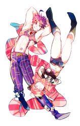 Rule 34 | 1boy, 1girl, bad id, bad pixiv id, cosplay, costume switch, jojo no kimyou na bouken, joseph joestar, joseph joestar (young), joseph joestar (young) (cosplay), kuujou jolyne, kuujou jolyne (cosplay), midriff, purple hair, red hair, red stone of aja, scarf, senzzang, short shorts, shorts, simple background, striped clothes, striped scarf