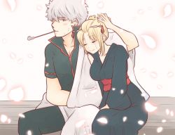 Rule 34 | 1boy, 1girl, absurdres, asymmetrical clothes, asymmetrical sleeves, black kimono, black sleeves, blonde hair, collarbone, couple, detached sleeves, closed eyes, facial scar, gintama, hair ornament, highres, japanese clothes, kimono, long sleeves, mouth hold, paleatus, petals, red eyes, scar, scar on cheek, scar on face, short hair, short sleeves, silver hair, sitting, smile, tsukuyo (gintama), uneven sleeves