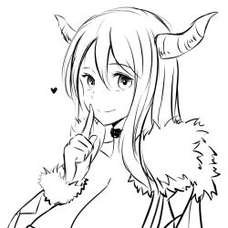 Rule 34 | 10s, 1girl, breasts, cleavage, collarbone, greyscale, heart, horns, huge breasts, large breasts, lineart, long hair, maou (maoyuu), maoyuu maou yuusha, monochrome, short hair, simple background, smile, solo, translation request, upper body, white background, zaxwu
