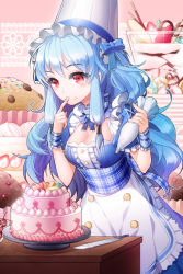 Rule 34 | aile (crossroads), apron, arm garter, arm up, blue hair, bow, breasts, cake, cupcake, detached collar, dress, eating, finger in own mouth, food, frills, fruit, hat, linus falco, long hair, parfait, plaid, pocky, pointing, red eyes, ribbon, solo, strawberry, sword girls, very long hair, wavy hair
