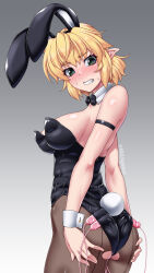 Rule 34 | 1girl, alternate costume, animal ears, areola slip, arm garter, ass, black hairband, black leotard, blonde hair, blush, bow, bowtie, breasts, brown background, clenched teeth, commentary request, cowboy shot, detached collar, fake animal ears, fake tail, gradient background, green eyes, grey background, hairband, hands on own ass, highres, leotard, looking back, looking down, medium breasts, mizuhashi parsee, nose blush, ootsuki wataru, oversized breast cup, pantyhose, playboy bunny, pointy ears, rabbit ears, rabbit tail, sex toy, shiny skin, short hair, sideboob, solo, strapless, strapless leotard, tail, teeth, touhou, twitter username, vibrator, vibrator under clothes, wrist cuffs