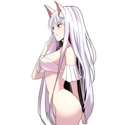 Rule 34 | 1girl, absurdres, animal ears, bandeau, blush, bottomless, breasts, covering own mouth, detached sleeves, dungeon and fighter, fox ears, from side, front-tie top, highres, long hair, medium breasts, navel, nayak, red eyes, short sleeves, simple background, solo, very long hair, white background, white hair