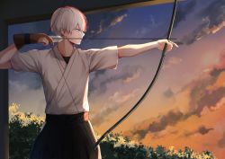 Rule 34 | 1boy, arrow (projectile), boku no hero academia, bow (weapon), cloud, commentary request, drawing bow, hakama, highres, holding, holding bow (weapon), holding weapon, japanese clothes, looking to the side, male focus, miyanami 3, multicolored hair, outdoors, outstretched arm, profile, red hair, shirt, short hair, short sleeves, sky, solo, sunset, weapon, white hair
