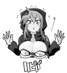 Rule 34 | 1girl, :o, akeikou, black jacket, breasts, cleavage, commentary request, cropped torso, digimon, digimon world re:digitize, flying sweatdrops, goggles, goggles around breasts, hair between eyes, hair ornament, hood, hood up, hooded jacket, jacket, large breasts, long sleeves, monochrome, motion lines, shinomiya rina, short hair, short hair with long locks, sidelocks, solo, sound effects, sweat, x hair ornament