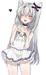 Rule 34 | 1girl, alternate costume, amatsukaze (kancolle), anchor symbol, casual, chigasaki yukari, choker, commentary request, cowboy shot, dress, heart, heart hands, highres, kantai collection, leaning to the side, long hair, looking at viewer, off-shoulder dress, off shoulder, silver hair, simple background, smile, solo, sundress, two side up, white background, white dress, yellow eyes