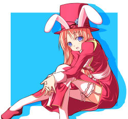 Rule 34 | 1girl, animal ears, blonde hair, blue background, blue eyes, blush, breasts, commentary request, dress, foot out of frame, frilled thighhighs, frills, garter straps, hat, high priest (ragnarok online), juliet sleeves, leaning forward, long hair, long sleeves, looking at viewer, medium breasts, nirap, open mouth, own hands together, puffy sleeves, rabbit ears, ragnarok online, red dress, red footwear, red hat, sash, shoes, smile, solo, thighhighs, top hat, two-tone dress, white background, white dress, white sash, white thighhighs