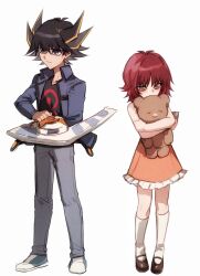 Rule 34 | 1boy, 1girl, absurdres, aged down, black hair, black shirt, blue eyes, blue footwear, blue jacket, blue pants, blush, brown eyes, brown footwear, card, child, denim, dress, duel disk, frilled dress, frills, fudo yusei, full body, hands up, high collar, highres, holding, holding card, holding stuffed toy, hugging doll, hugging object, izayoi aki, jacket, jeans, kneehighs, multicolored hair, naoki (2rzmcaizerails6), open clothes, open jacket, orange dress, pants, red hair, shirt, shoes, short hair, simple background, socks, spiked hair, streaked hair, stuffed animal, stuffed toy, teddy bear, trading card, v-neck, white background, white socks, yu-gi-oh!, yu-gi-oh! 5d&#039;s