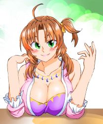 Rule 34 | 1girl, breasts, brown hair, cleavage, closed mouth, falcom, graphite (medium), jewelry, large breasts, long hair, looking at viewer, millipen (medium), miranda, necklace, onnaski, side ponytail, smile, solo, traditional media, ys, ys viii lacrimosa of dana