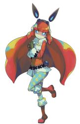 Rule 34 | 1girl, alpha transparency, blue eyes, blue revolver, blunt bangs, boots, character name, full body, fur boots, fur trim, gloves, headgear, highres, leg up, long hair, looking at viewer, mae (blue revolver), official art, pantyhose, print pantyhose, red footwear, red hair, smile, snowman print, solo, transparent background, very long hair, woofycakes