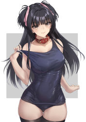 Rule 34 | 1girl, black hair, black thighhighs, blunt bangs, blush, breasts, commentary request, covered navel, hair ribbon, idolmaster, idolmaster shiny colors, kanata (kanata onion), leather choker, looking at viewer, mayuzumi fuyuko, medium breasts, old school swimsuit, one-piece swimsuit, ribbon, school swimsuit, simple background, skin tight, skindentation, smile, solo, strap pull, swimsuit, thigh gap, thighhighs, two-tone background, two side up
