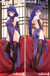 Rule 34 | 1girl, ass, bare back, bare shoulders, blush, body pillow, braid, breasts, china dress, chinese clothes, dakimakura (medium), dress, elbow gloves, full body, genshin impact, gloves, high heels, highres, large breasts, long hair, looking at viewer, looking back, low-braided long hair, low-tied long hair, matrix16, mole, mole under eye, multiple views, pillow, purple eyes, purple hair, raiden shogun, sample watermark, side slit, sideboob, solo, standing, standing on one leg, thighhighs, very long hair, watermark