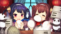 Rule 34 | 2girls, = =, ahoge, animal, azur lane, bamboo steamer, baozi, blue sky, blush, brown hair, closed eyes, cloud, commentary request, day, dress, food, food in mouth, food on face, fur-trimmed jacket, fur trim, hair rings, hairband, hairpods, highres, holding, holding food, huziimiyuu, indoors, jacket, lantern, long hair, long sleeves, mouth hold, multiple girls, ning hai (azur lane), ocean, panda, paper lantern, parted lips, ping hai (azur lane), purple dress, purple eyes, purple hair, red dress, sky, steam, table, twintails, v-shaped eyebrows, water, white hairband, white jacket, window
