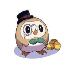 Rule 34 | beak, black eyes, black headwear, brown ribbon, closed mouth, commentary request, creatures (company), game freak, gen 7 pokemon, green ribbon, hat, hat ribbon, clothed pokemon, looking up, monocle, nintendo, pokemon, pokemon (creature), ribbon, rowlet, seed, standing, talons, tyako 089