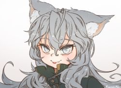 Rule 34 | 1girl, :p, animal ear fluff, animal ears, copyright request, fang, grey eyes, grey hair, hair between eyes, long hair, looking at viewer, mountain han, portrait, signature, simple background, skin fang, smile, solo, tongue, tongue out, white background