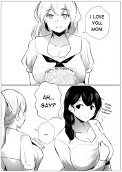 Rule 34 | ..., 2girls, 2koma, blush, border, breasts, cleavage, collarbone, comic, confession, english text, flower, greyscale, hair between eyes, highres, large breasts, long hair, looking to the side, mature female, meow7tail, misunderstanding, monochrome, mother&#039;s day, mother and daughter, multiple girls, open mouth, original, ponytail, pov, rejection, short sleeves, simple background, speech bubble, spoken ellipsis, straight-on, sweat, sweatdrop, upper body, white background, yuri