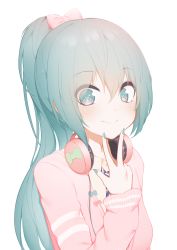 Rule 34 | 1girl, aqua eyes, aqua hair, aqua nails, bad id, bad pixiv id, beige shirt, bow, bow print, cable, finger to own chin, giryu, hair bow, hand up, hatsune miku, headphones, headphones around neck, jacket, looking at viewer, nail polish, pink hair, pink jacket, ponytail, project diva (series), ribbon girl (module), smile, solo, upper body, vocaloid, w, white background