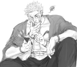 Rule 34 | 1boy, arm tattoo, cellphone, chest tattoo, extra arms, extra eyes, extra mouth, facial tattoo, highres, holding, holding phone, japanese clothes, jujutsu kaisen, kimono, male focus, monochrome, muscular, muscular male, nail polish, pectorals, phone, ryoumen sukuna (jujutsu kaisen), short hair, smartphone, solo, squiggle, tattoo, woshihedawei