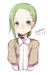 Rule 34 | 1girl, black choker, blue eyes, blush, braid, brown shirt, choker, closed mouth, collared shirt, cropped torso, dated, forehead, green hair, long hair, looking at viewer, maze (gochama ze gohan), original, parted bangs, puffy short sleeves, puffy sleeves, shirt, short sleeves, signature, simple background, sketch, solo, upper body, white background