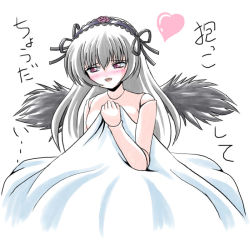 Rule 34 | 00s, 1girl, albino, blanket, blush, covering privates, doll joints, grey hair, hairband, heart, joints, long hair, pink eyes, purple eyes, rozen maiden, smile, solo, suigintou, white background