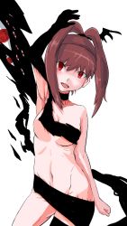 Rule 34 | 1girl, amano nene (digimon xros wars), breasts, brown hair, demon girl, digimon, digimon (creature), digimon xros wars, extra eyes, high ponytail, highres, long hair, looking at viewer, natsuishi nana, navel, open mouth, red eyes, shademon, shademon (nene ver.), simple background, solo, split ponytail, white background
