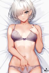 Rule 34 | 1girl, bare arms, bare shoulders, bed sheet, blue eyes, blush, bra, breasts, cleavage, closed mouth, collarbone, commentary request, eyes visible through hair, grey hair, hair over one eye, highres, infinote, large breasts, looking at viewer, lying, navel, on back, original, panties, purple bra, purple panties, sashou mihiro (infinote), short hair, smile, solo, stomach, underwear, underwear only