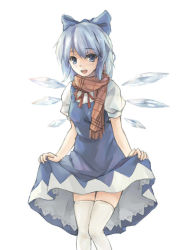 Rule 34 | 1girl, :d, bad id, bad pixiv id, blue eyes, blue hair, bow, cirno, clothes lift, curtsey, dress, dress lift, hair bow, matching hair/eyes, open mouth, scarf, short hair, smile, solo, thighhighs, touhou, white thighhighs, wings, xiao qiang (overseas)