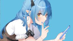 Rule 34 | 1girl, black bow, black bowtie, blue background, blue hair, blue nails, blush, bow, bowtie, bracelet, brown dress, cellphone, closed mouth, dokkumaa, dress, frilled sleeves, frills, from side, holding, holding phone, hololive, jewelry, looking at viewer, multicolored hair, nail polish, necklace, official alternate costume, official alternate hairstyle, official art, phone, pinafore dress, pointy ears, sailor collar, sailor shirt, second-party source, shirt, short sleeves, simple background, sleeveless, sleeveless dress, smartphone, smile, solo, sos (idolmaster), streaked hair, two side up, v, virtual youtuber, white sailor collar, white shirt, yellow eyes, yukihana lamy, yukihana lamy (casual)