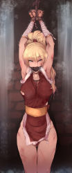 Rule 34 | 1girl, armpits, arms up, bandages, bdsm, blonde hair, bondage, bound, bound wrists, breasts, breath, bruise, cameltoe, capcom, cleavage, clenched hands, cowboy shot, female focus, final fight, final fight 2, fishnets, gag, gagged, genryuusai maki, hair between eyes, high ponytail, hip bones, injury, japanese clothes, kimono, large breasts, long hair, looking at viewer, morisova, pelvic curtain, ponytail, rope, ryona, saliva, sash, shibari, short kimono, side slit, sleeveless, solo, standing, street fighter, sweat, thigh gap, torn clothes, whip marks