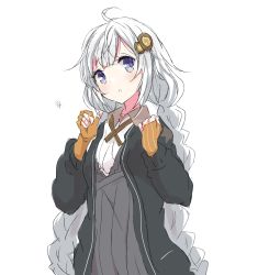 Rule 34 | 1girl, :o, ahoge, black jacket, blue eyes, blush, braid, breasts, brown gloves, collared shirt, commentary request, core (mayomayo), dress, fingerless gloves, gloves, grey dress, hair ornament, hands up, highres, jacket, kizuna akari, long hair, long sleeves, looking at viewer, open clothes, open jacket, parted lips, puffy long sleeves, puffy sleeves, shirt, simple background, small breasts, solo, star (symbol), striped clothes, striped gloves, twin braids, vertical-striped clothes, vertical-striped gloves, very long hair, voiceroid, white background, white hair, white shirt