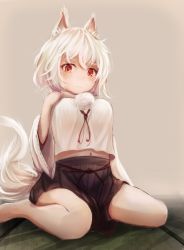 Rule 34 | 1girl, animal ear fluff, animal ears, bare shoulders, breasts, crop top, crop top overhang, detached sleeves, hakama, hakama short skirt, hakama skirt, hat, highres, inubashiri momiji, inushida (dogsheepsheep), japanese clothes, large breasts, looking at viewer, midriff, navel, pom pom (clothes), red eyes, short hair, silver hair, sitting, skirt, solo, tail, tokin hat, touhou, wolf ears, wolf tail