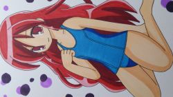 Rule 34 | 10s, 1girl, absurdres, blue one-piece swimsuit, hanasaki tsubomi, heartcatch precure!, highres, ken ranmaru (sk-byou hatsudou-chuu), long hair, one-piece swimsuit, pink eyes, precure, red hair, smile, solo, swimsuit, very long hair