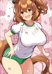 Rule 34 | 1girl, animal ears, aston machan (umamusume), blush, breasts, brown hair, buruma, cherry blossoms, collarbone, commentary request, crown, green eyes, hair ornament, highres, horse ears, horse tail, large breasts, looking at viewer, medium breasts, open mouth, petals, simple background, solo, tail, umamusume, wahiko (black bastard), white background