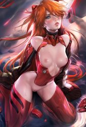 Rule 34 | 10s, 1girl, adapted costume, armor, artist name, blue eyes, blush, bodysuit, breasts, breasts out, broken armor, brown hair, cleft of venus, evangelion: 3.0 you can (not) redo, female focus, functionally nude, hair over one eye, highres, jacket, unworn jacket, kneeling, lips, long hair, looking up, neon genesis evangelion, nipples, off shoulder, open mouth, orange hair, parted lips, plugsuit, pussy, rebuild of evangelion, revealing clothes, sakimichan, shiny clothes, shiny skin, sitting, small breasts, solo, souryuu asuka langley, sweat, thick thighs, thighhighs, thighs, uncensored, wariza, water, wet