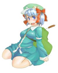 Rule 34 | 1girl, backpack, bag, baseball cap, blue eyes, blue hair, blush, bow, cattail, female focus, frills, hair bow, hair ornament, hairpin, hat, kawashiro nitori, key, matching hair/eyes, open mouth, plant, sacha, short hair, short twintails, simple background, solo, touhou, twintails, two side up