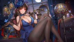 Rule 34 | 1girl, ark order, bare shoulders, black footwear, black gloves, black hair, black headwear, black pantyhose, blue dress, blue headwear, blunt bangs, blush, breasts, bug, butterfly, cleavage, cosmetics, d. (ddot2018), desk lamp, dress, earrings, facial mark, feet out of frame, forehead mark, full moon, gloves, high heels, holding, holding shoes, indoors, insect, jewelry, knees up, lamp, large breasts, lipstick, lipstick tube, long hair, looking at viewer, makeup, md5 mismatch, mirror, moon, necklace, night, official art, pantyhose, phone, pumps, red eyes, resolution mismatch, shelf, shoes, unworn shoes, single sidelock, sitting, sleeveless, sleeveless dress, solo, window