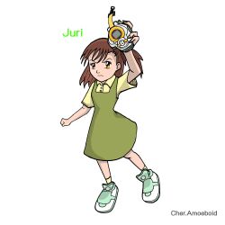 Rule 34 | 1girl, brown hair, digimon, digivice, female focus, highres, katou juri, looking at viewer, simple background, solo, white background